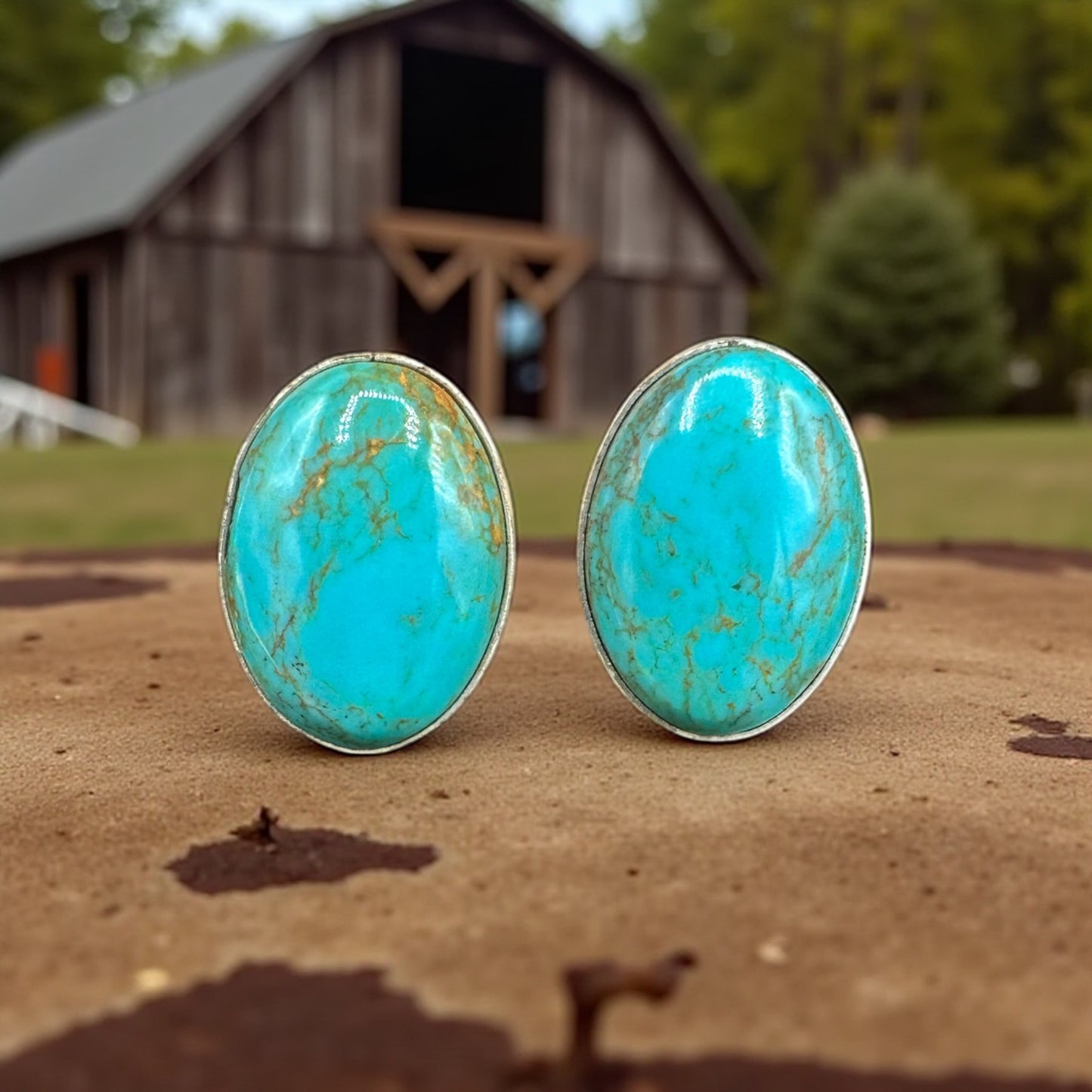 Handcrafted Native American Sterling Silver and Turquoise Oval Stud Earrings