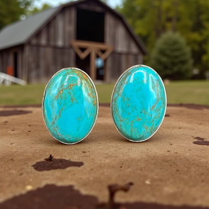 Handcrafted Native American Sterling Silver and Turquoise Oval Stud Earrings