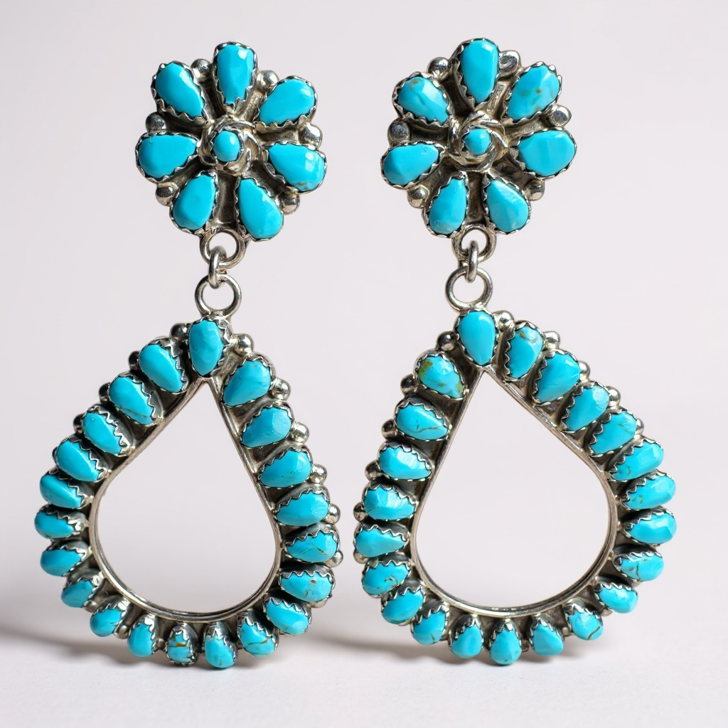 Turquoise and Sterling Silver Drop Earrings - Handcrafted Native America