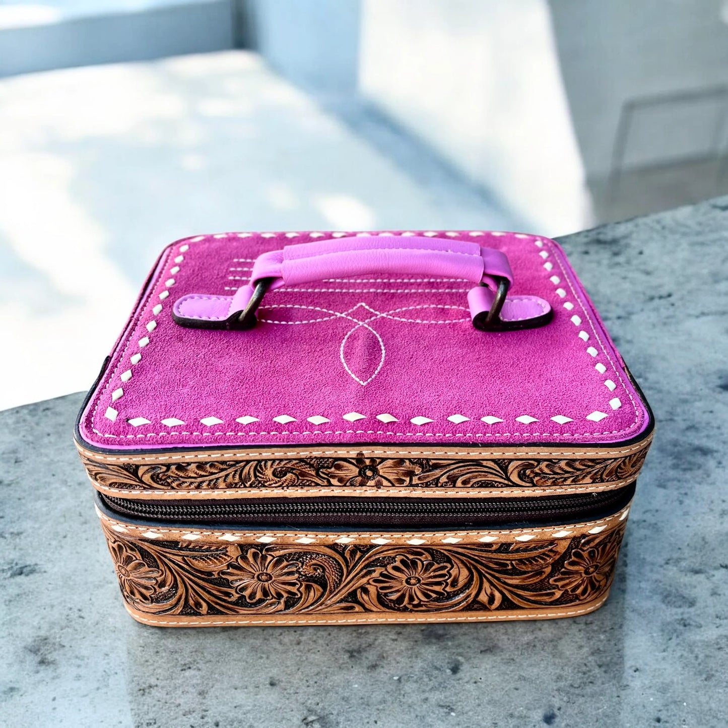 Western Linens - Pink Boot Stitch Suede and Hand-Tooled Leather Jewelry Box