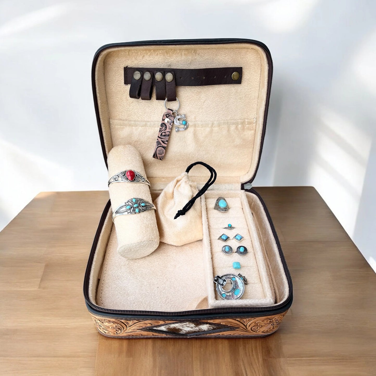 Western Linens - Pink Boot Stitch Suede and Hand-Tooled Leather Jewelry Box