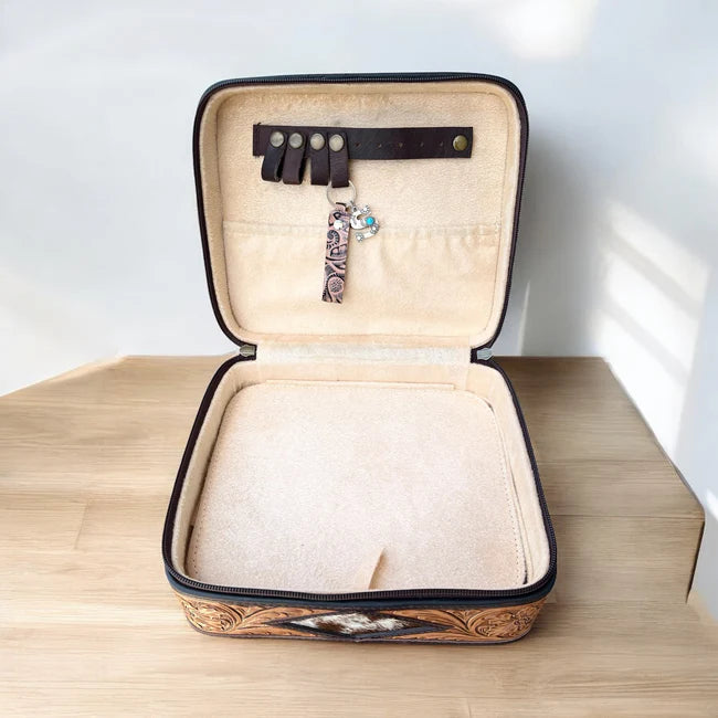 Western Linens - Pink Boot Stitch Suede and Hand-Tooled Leather Jewelry Box
