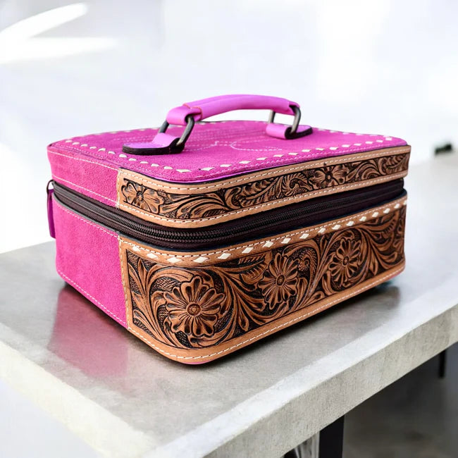 Western Linens - Pink Boot Stitch Suede and Hand-Tooled Leather Jewelry Box