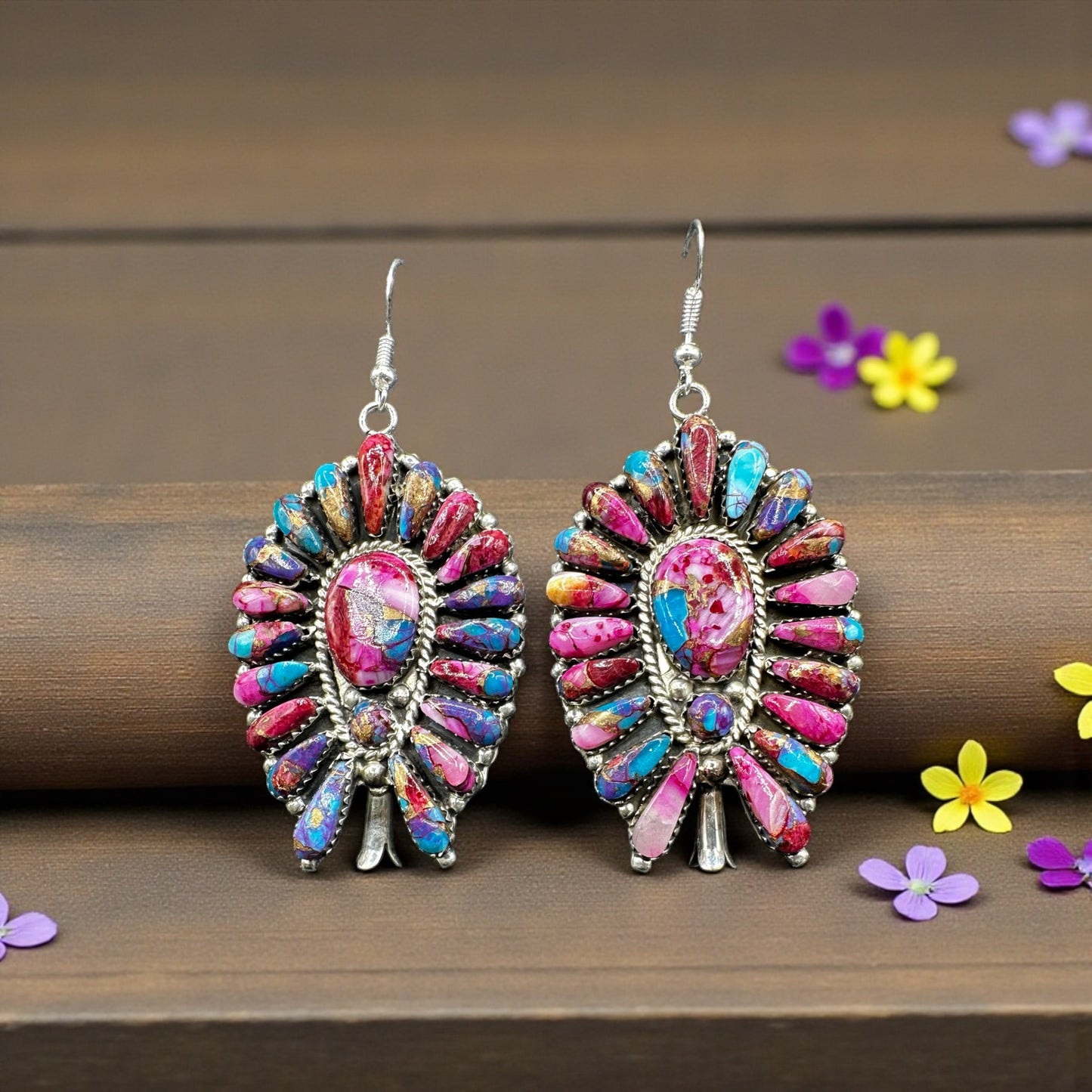 Justin and Wilma Wilson - Large Blossom Hook Earrings - Handcrafted Native American