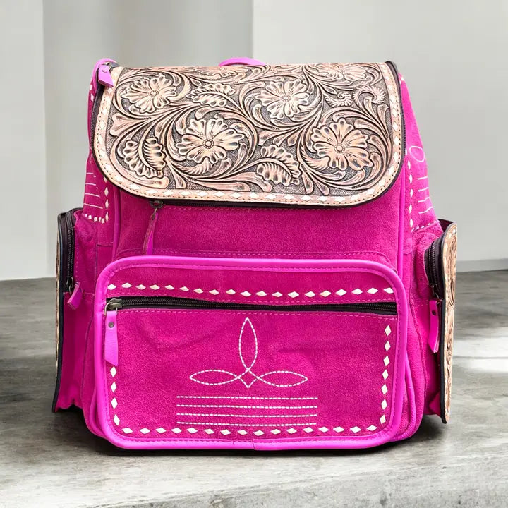Western Linens - Pink Boot Stitch Suede and Hand Tooled Leather Backpack - Concealed Carry (CCW)