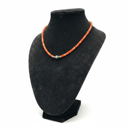 4MM Heishi Necklace – Genuine Red Spiny Oyster with Sterling Silver Pearl - Handmade Native American | Pueblo Craft | New Mexico, USA