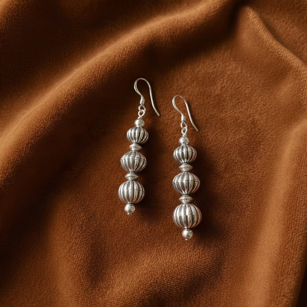 Navajo Three Pumpkin Pearl Hook Earrings - Sterling Silver - Hand Strung Native American