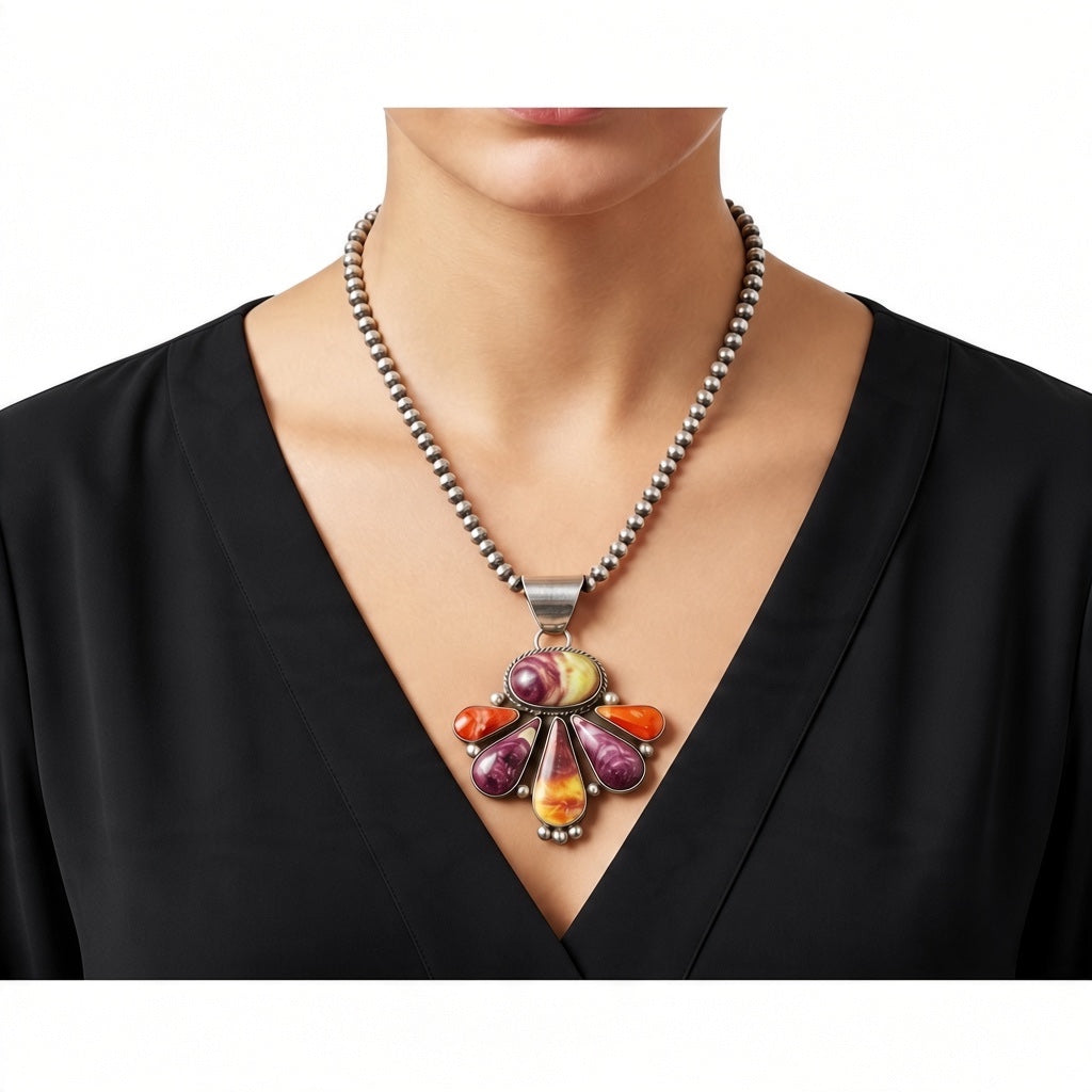 Larry Yazzie - Large Half Cluster Pendant – Genuine Spiny Oyster and Sterling Silver - Handmade Native American