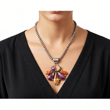 Larry Yazzie - Large Half Cluster Pendant – Genuine Spiny Oyster and Sterling Silver - Handmade Native American