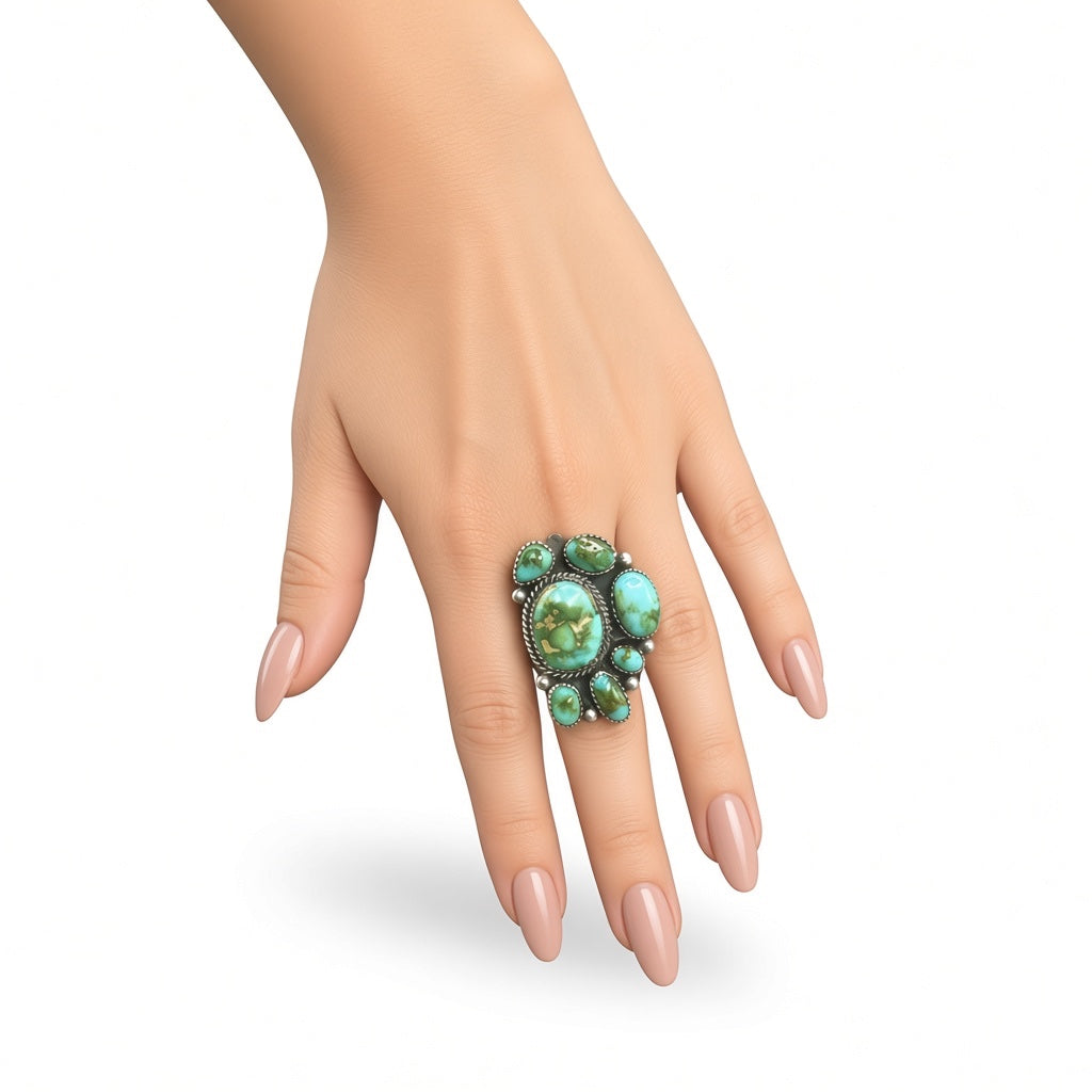Larry Yazzie - Medium Freeform Cluster Ring - Sterling Silver & Sonoran Turquoise - Handmade Native American