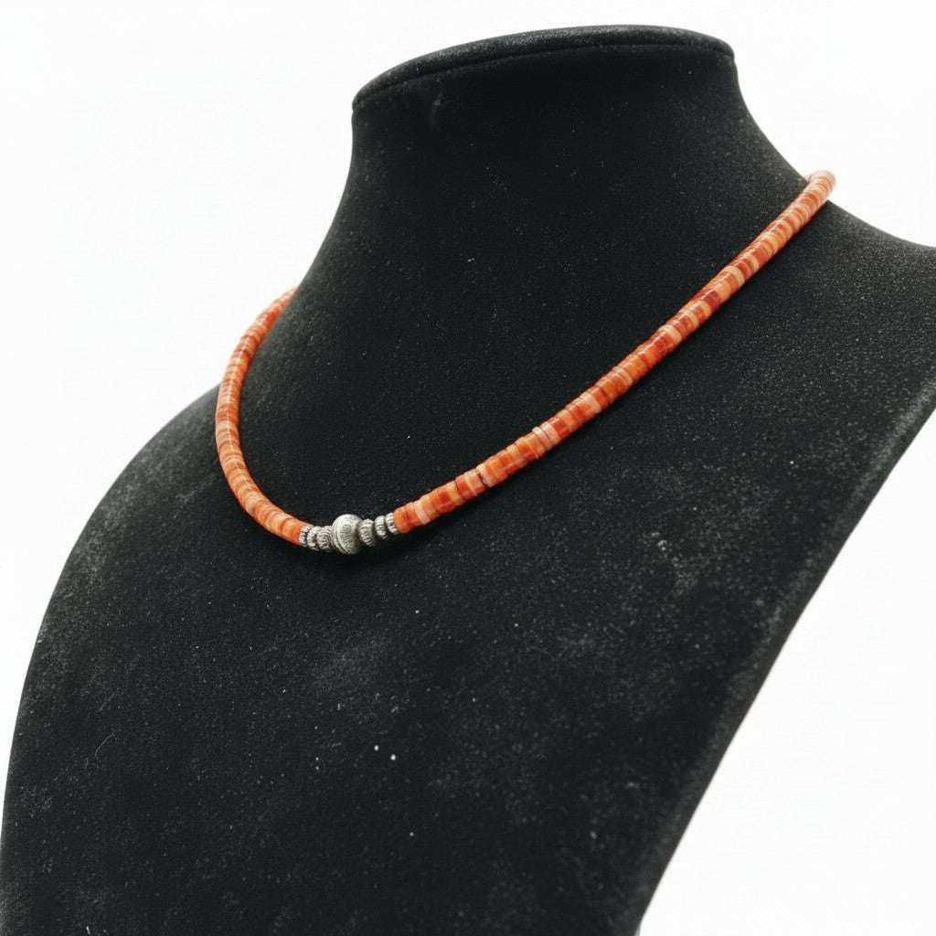 4MM Heishi Necklace – Genuine Red Spiny Oyster with Sterling Silver Pearl - Handmade Native American | Pueblo Craft | New Mexico, USA