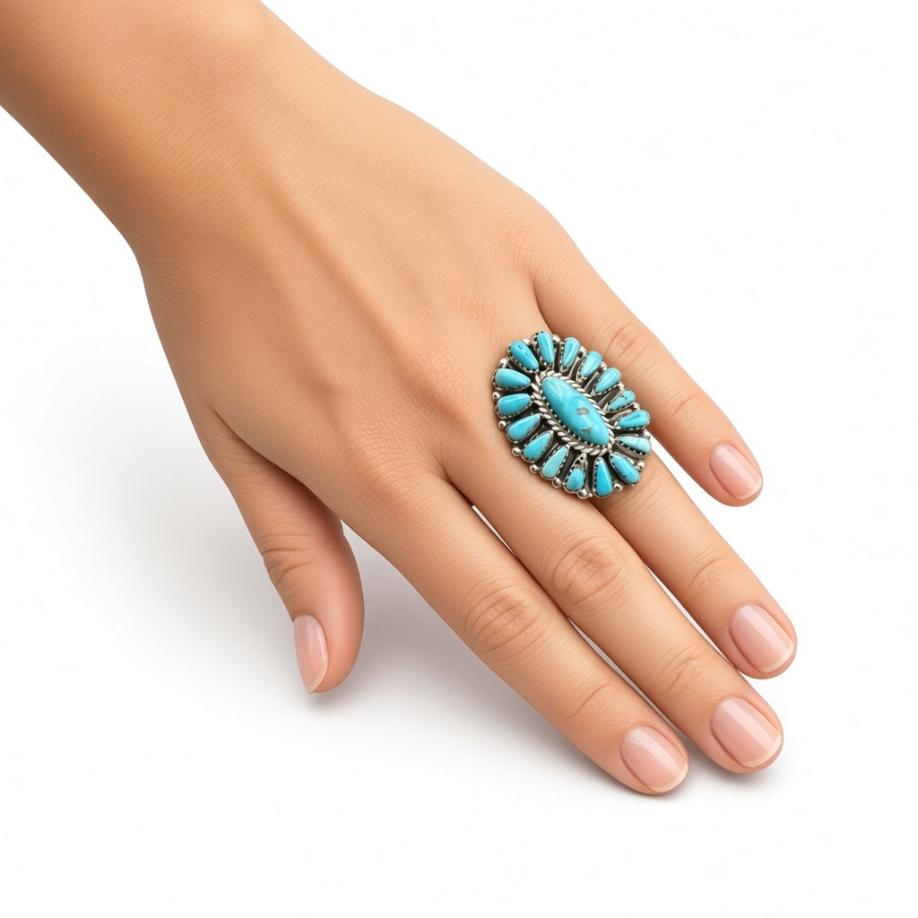 Benjamin Piaso - Cluster Ring  – Sterling Silver and Genuine Turquoise - Handmade Native American