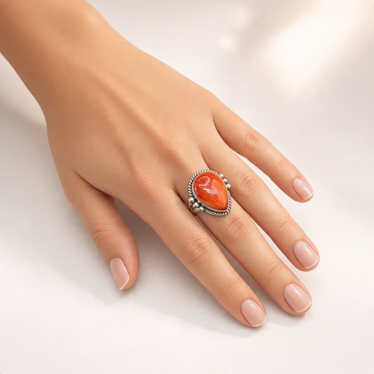 Sterling Silver and Genuine Spiny Oyster Cabochon Ring - Ready Made