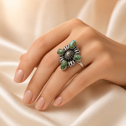 Charles Johnson - Genuine Turquoise and Sterling Silver Adjustable Concho Ring - Handmade Native American