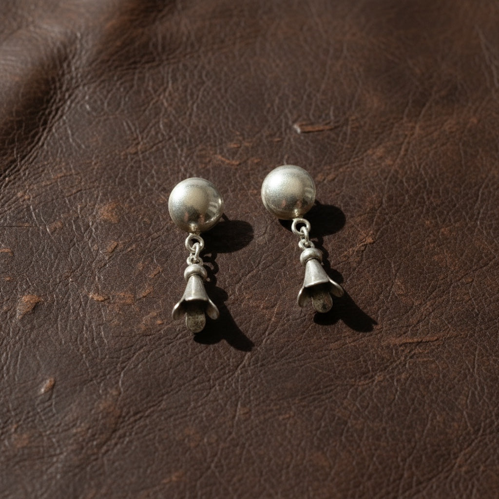Navajo Flat Pearl and Blossom Drop Earrings - Sterling Silver - Handmade Native American