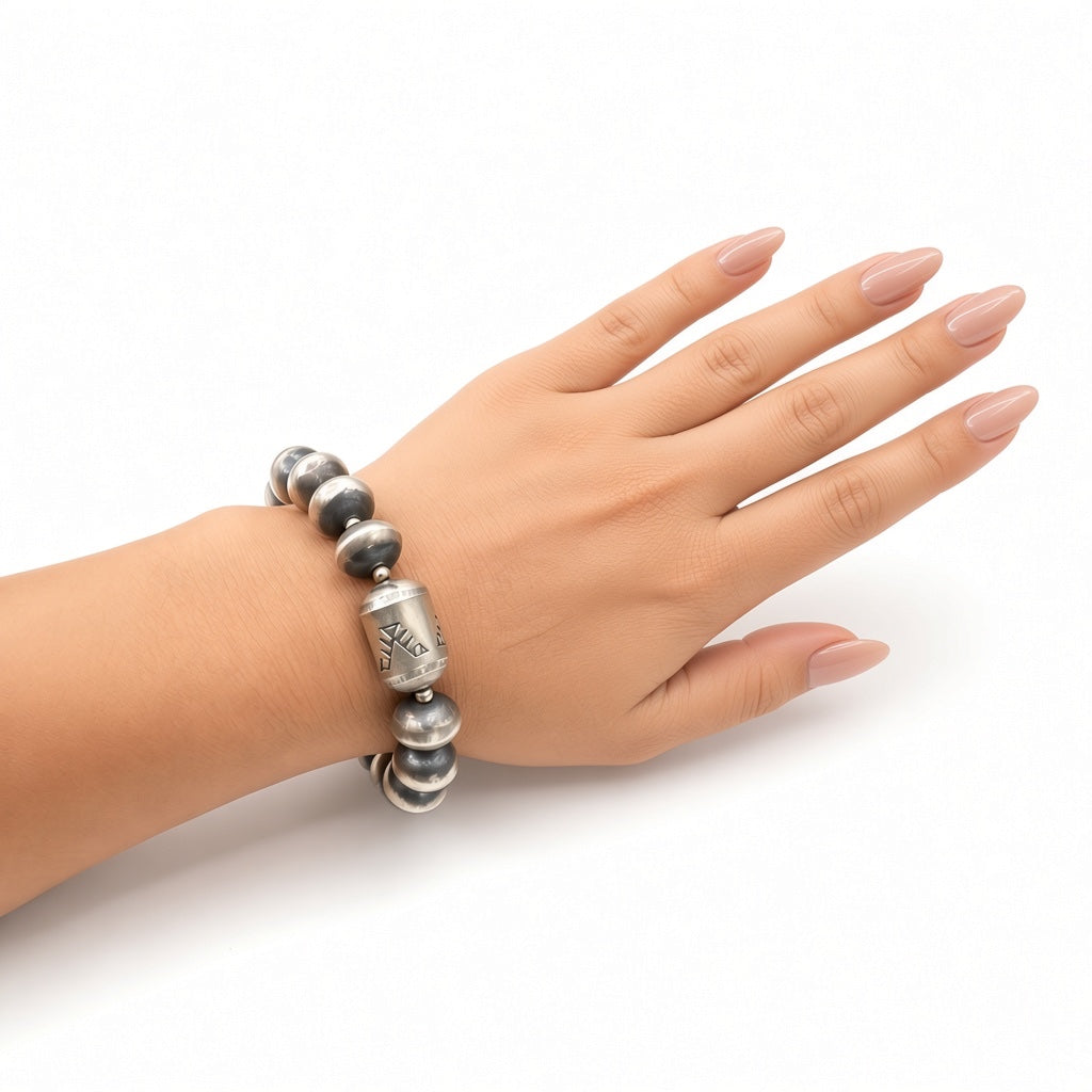 Sharon Cooley - Handmade Pearls & Barrel Bead Stretch Bracelet - Sterling Silver - Handmade Native American