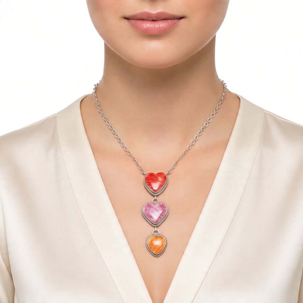 Vicki Hicks - Multi Color Heart Lariat Necklace – Genuine Spiny Oyster and Sterling Silver -  Handmade Native American