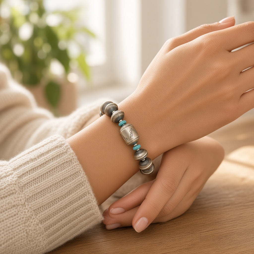 Sharon Cooley - Handmade Pearls & Barrel Bead Stretch Bracelet - Sterling Silver & Turquoise - Handmade Native American