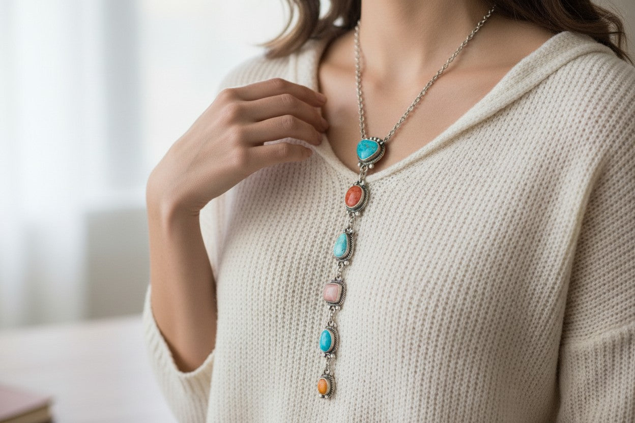 Multi Color & Stone Lariat Necklace – Sterling Silver, Turquoise, Spiny Oyster, Queen Pink Conch -  Authentic Native American Handmade – Harrison Yazzie - Made in USA