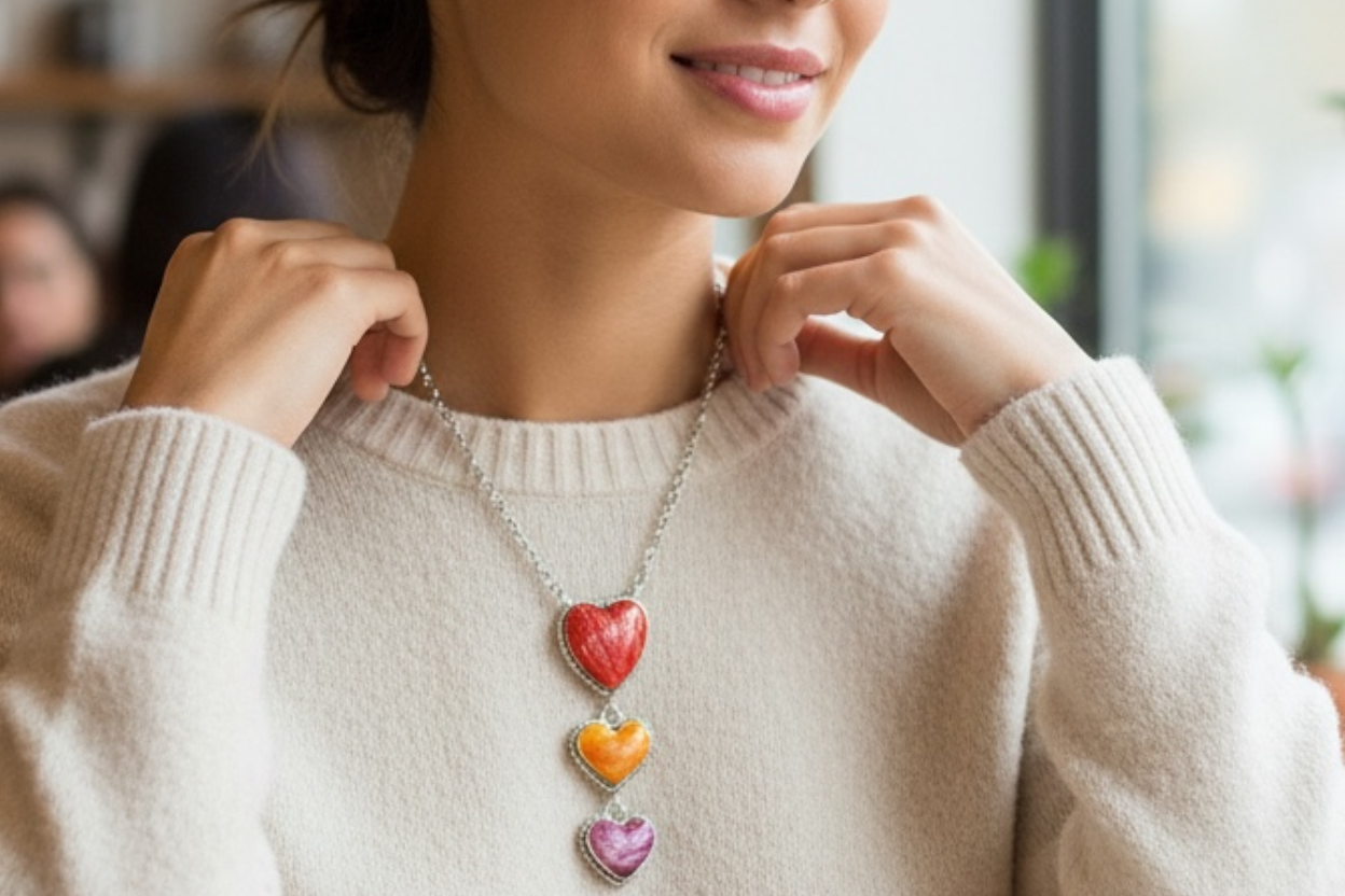 Vicky Hicks - Triple Heart Necklace Pendant - Sterling Silver and Spiny Oyster