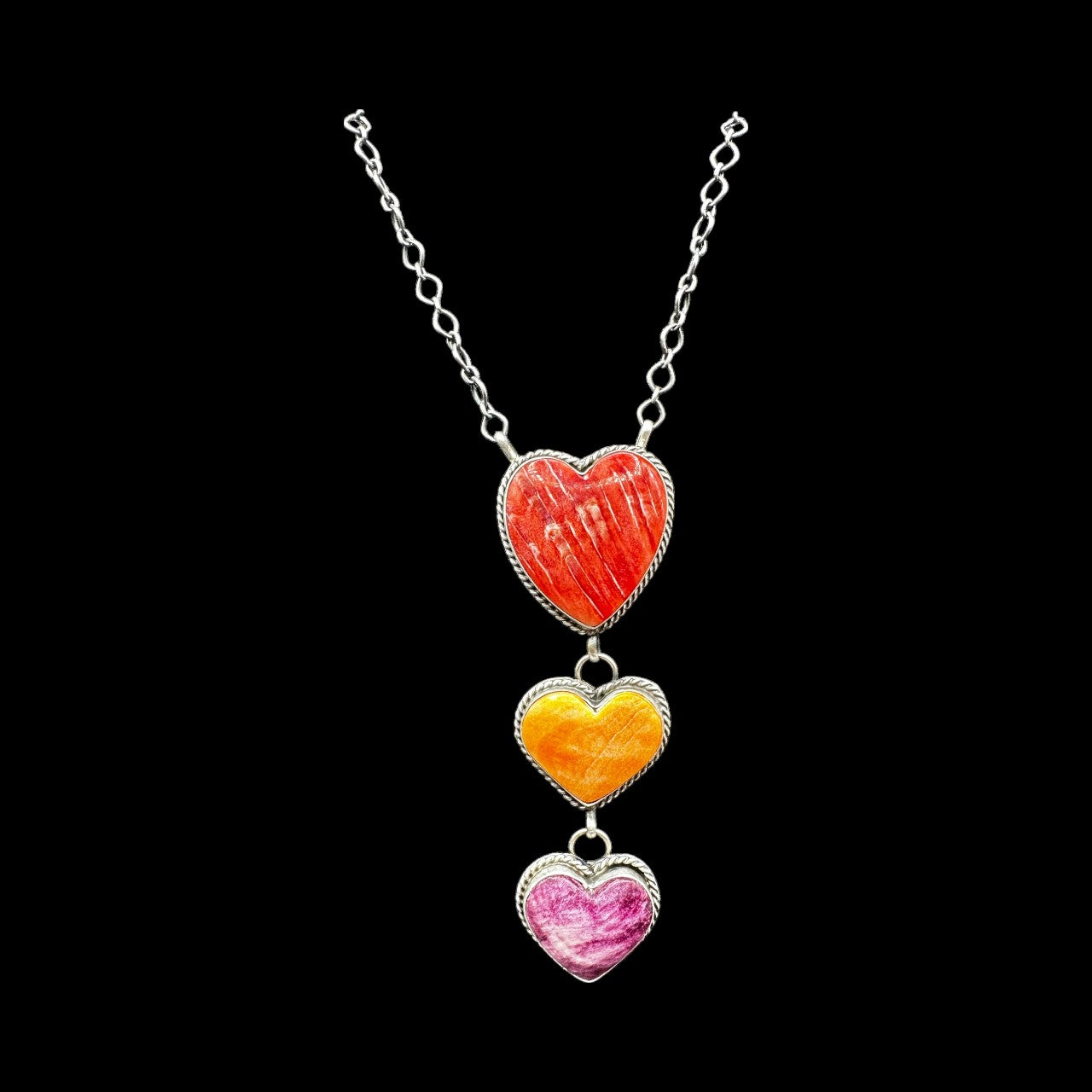 Vicky Hicks - Triple Heart Necklace Pendant - Sterling Silver and Spiny Oyster