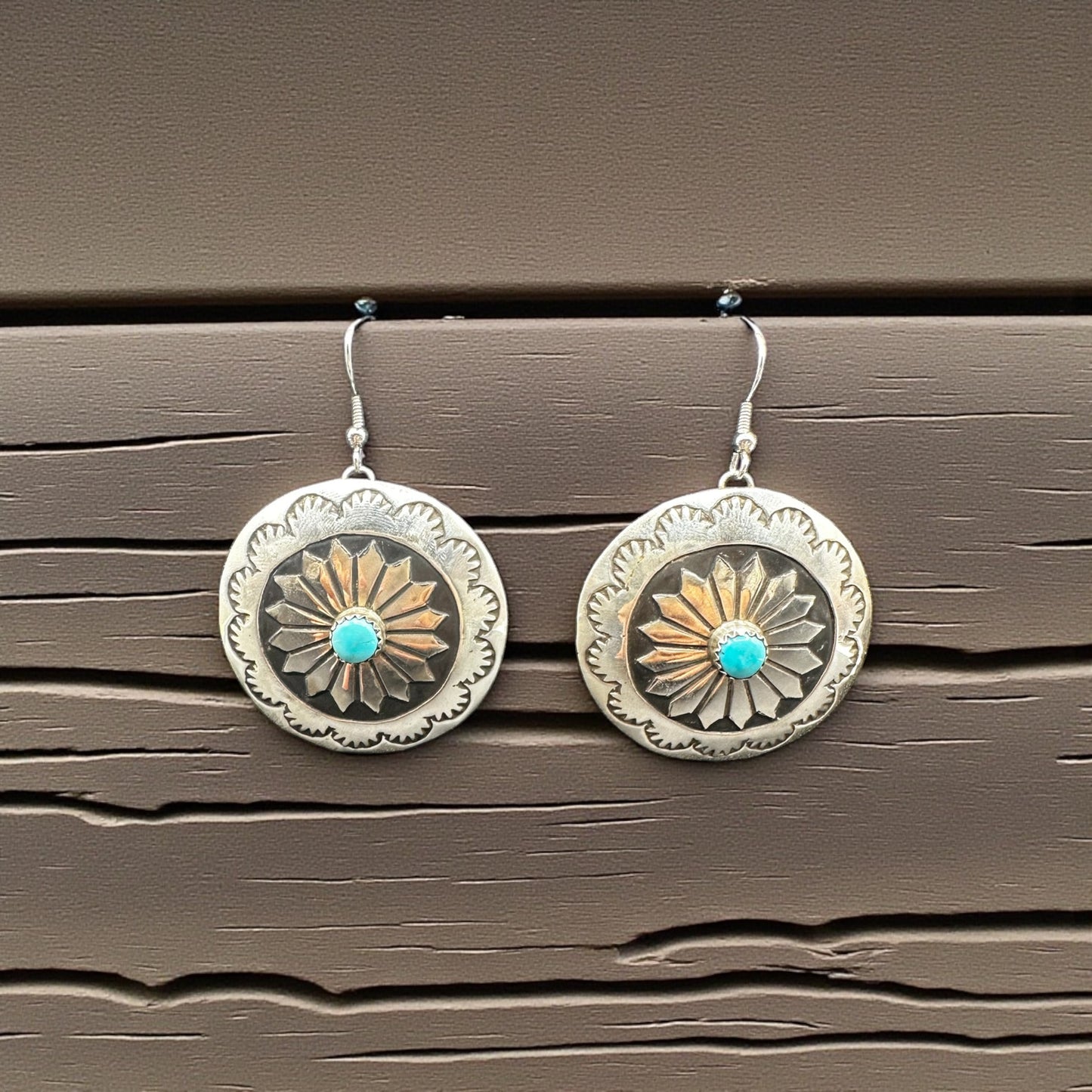 Round Concho Turquoise and Sterling Silver - Hook Earrings - Handcrafted Native American