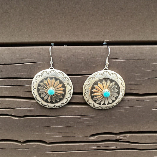 Round Concho Turquoise and Sterling Silver - Hook Earrings - Handcrafted Native American
