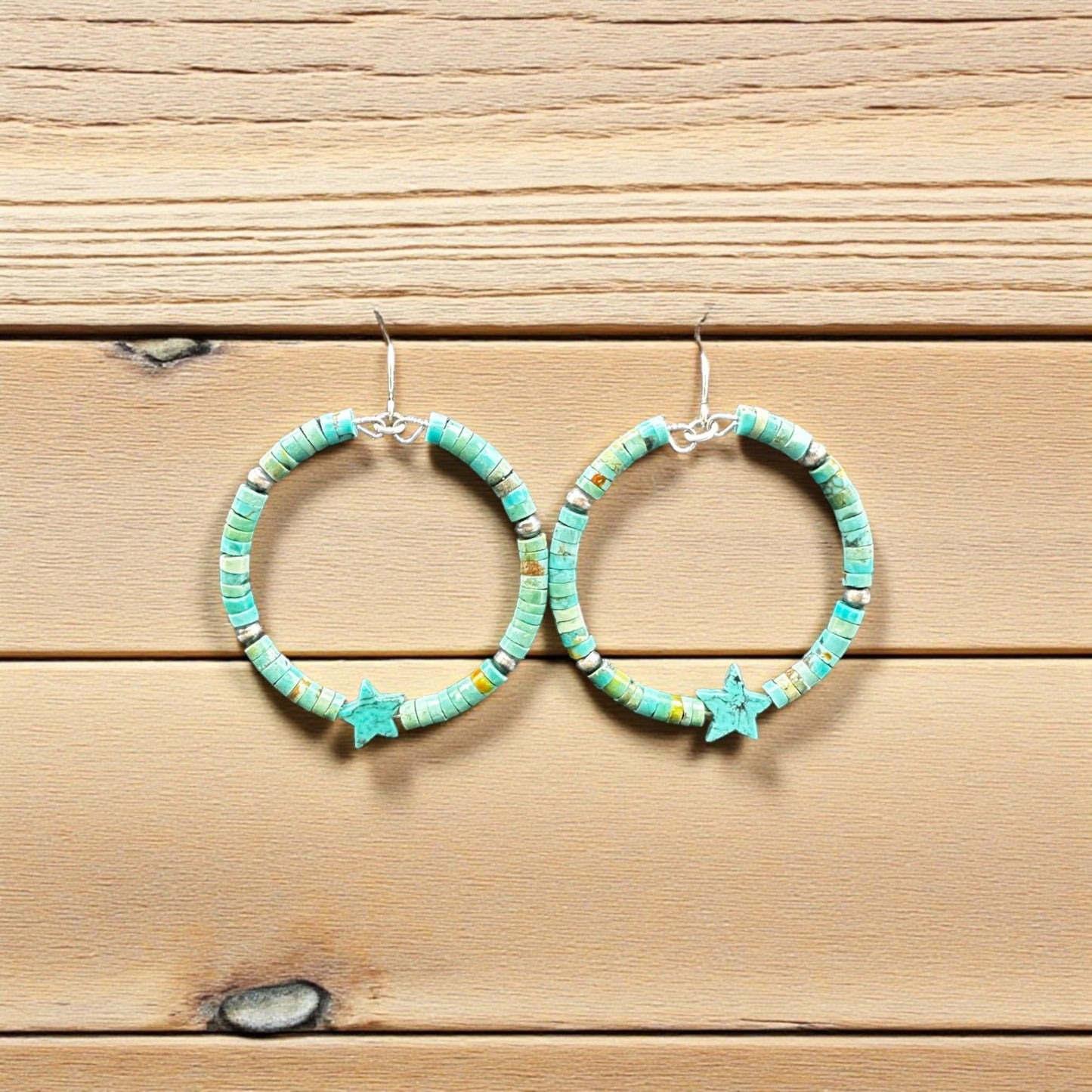 Round Sonoran Turquoise and Sterling Silver Hoops with Star- Hook Earrings - Handcrafted Native American