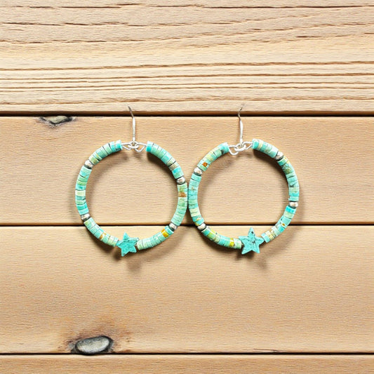 Round Sonoran Turquoise and Sterling Silver Hoops with Star- Hook Earrings - Handcrafted Native American