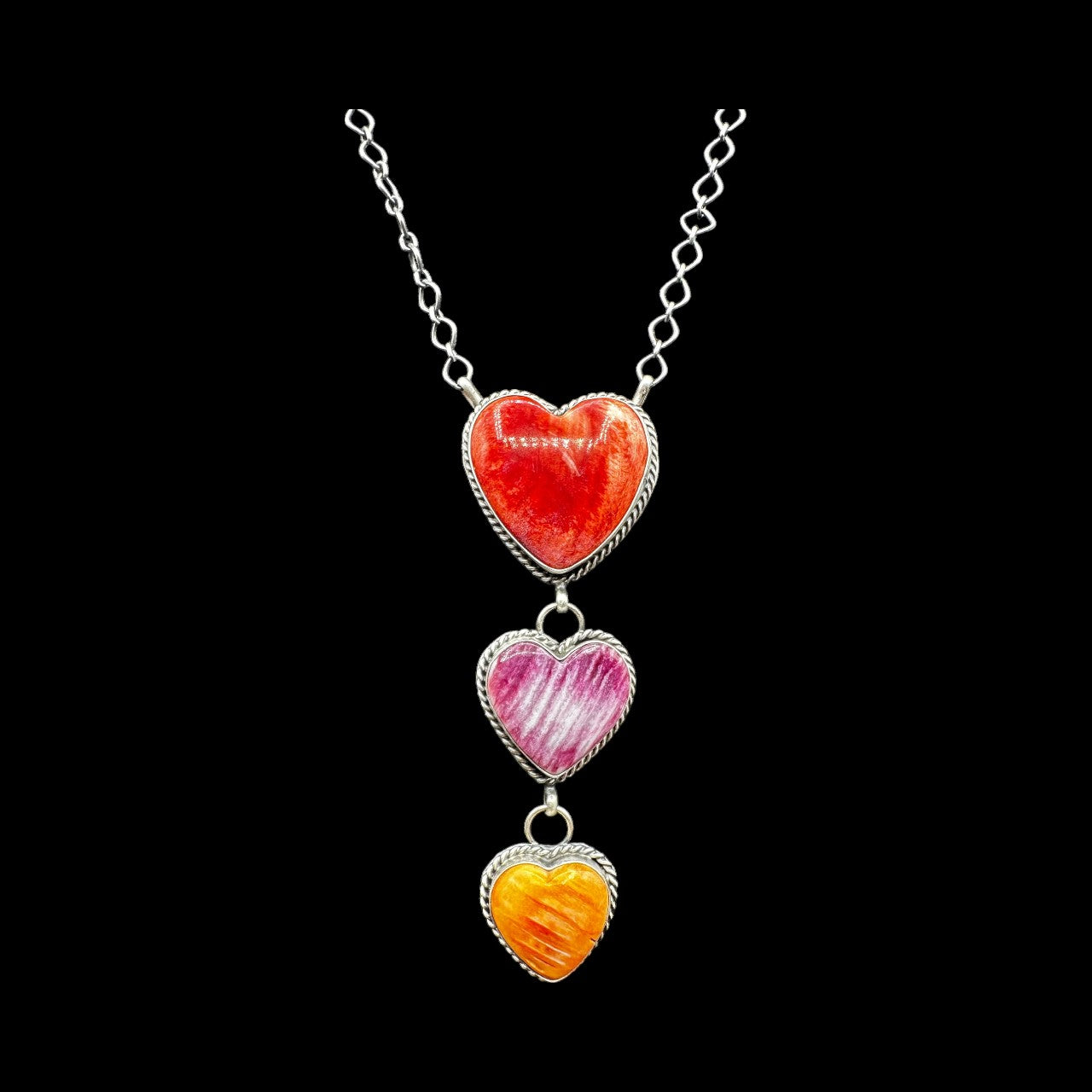 Vicky Hicks - Triple Heart Necklace Pendant - Sterling Silver and Spiny Oyster