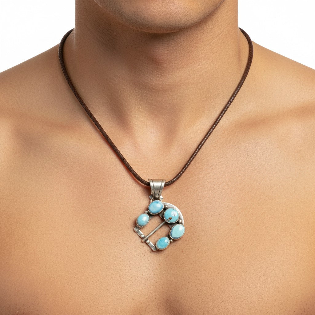Medium Belt Buckle Pendant – Sterling Silver and Genuine Turquoise-  Authentic Native American Handmade