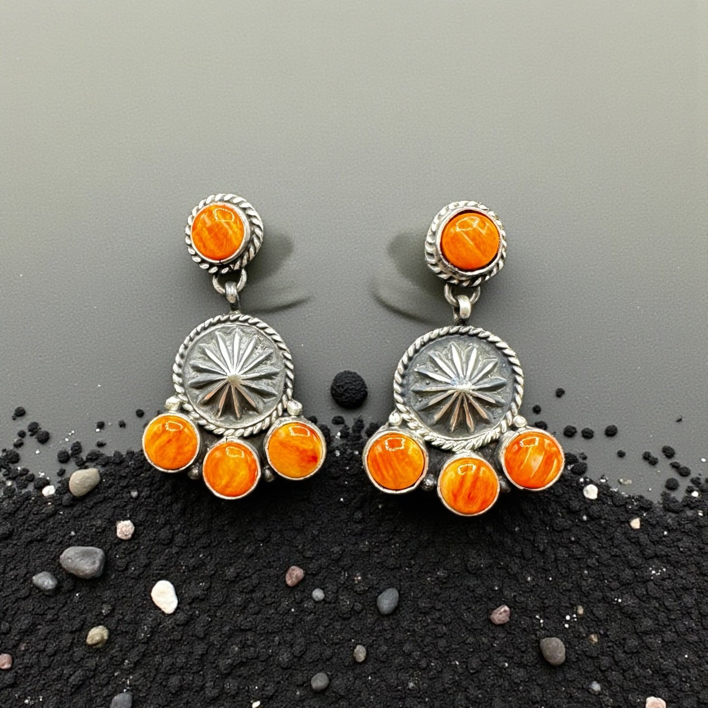 Cluster - Turquoise/Spiny Oyster and Sterling Silver - Drop Earrings - Handcrafted Native American
