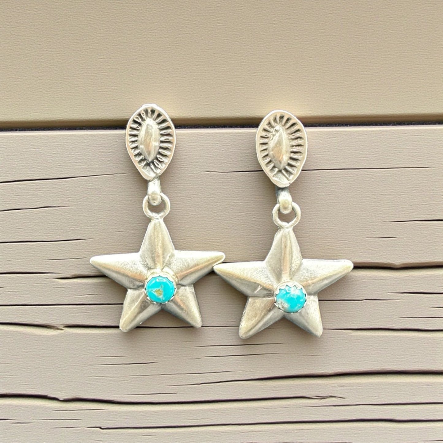 Star Turquoise and Sterling Silver - Drop Earrings - Handcrafted Native American