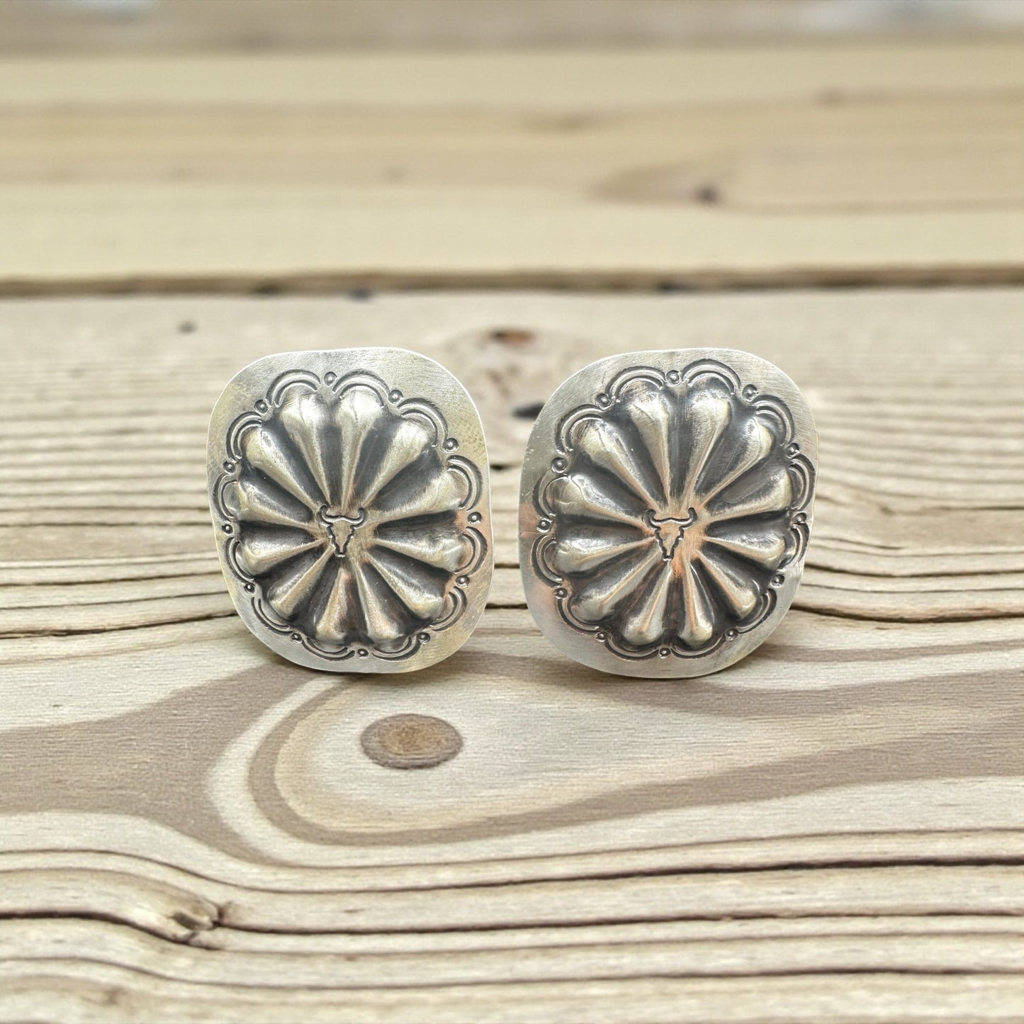 Sterling Silver Concho Stud Earrings - Longhorns - Handcrafted Native American