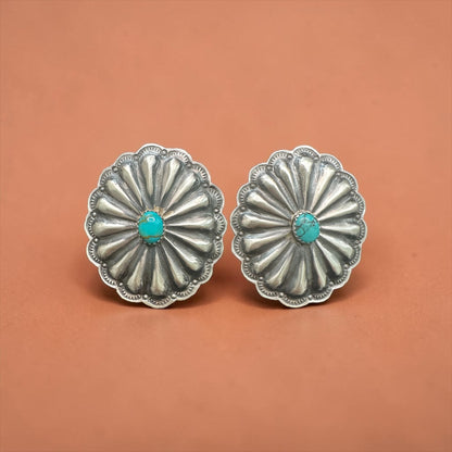Large Concho Earrings - Sterling Silver and Genuine Kingman Turquoise - Handmade by Rita Lee