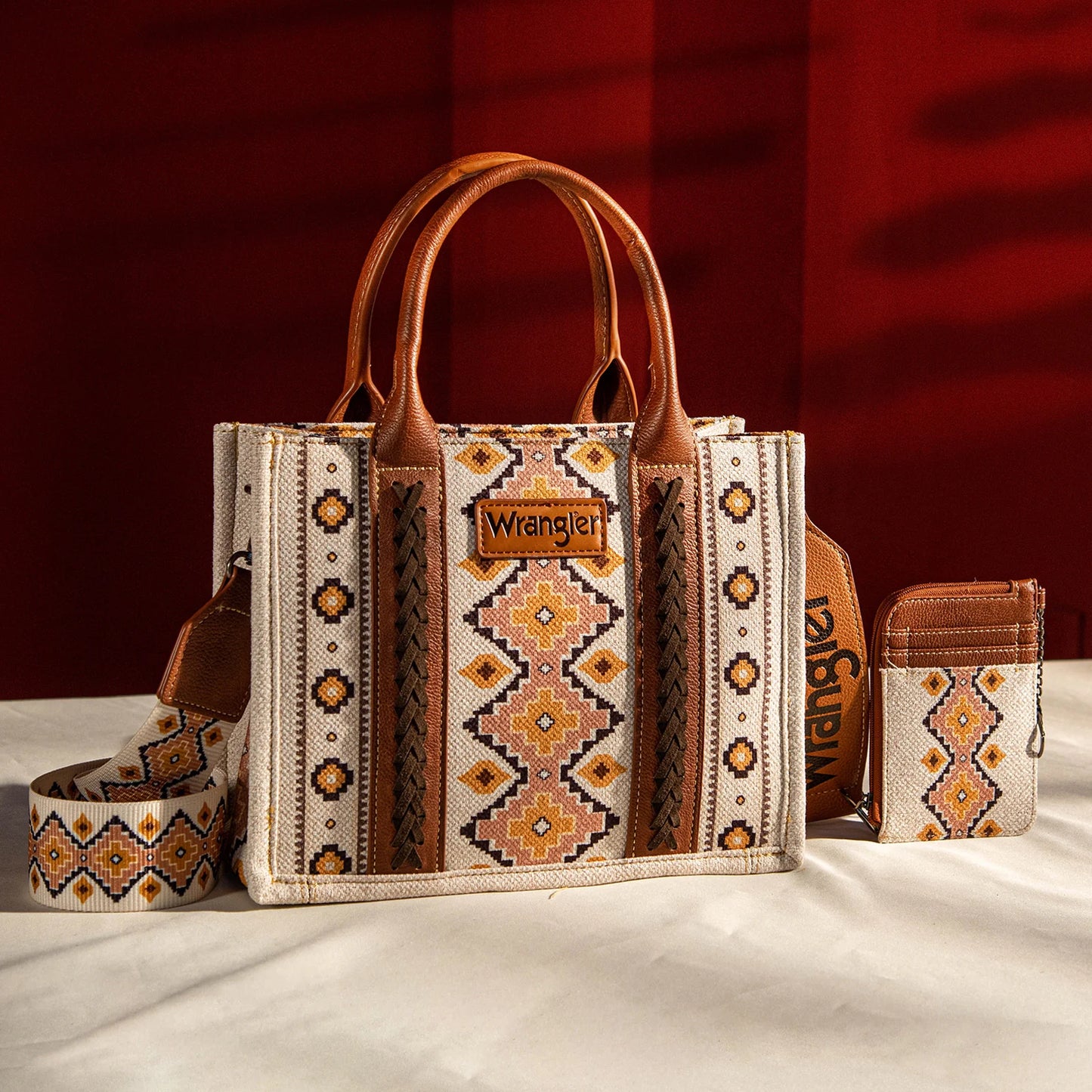 Wrangler -  Aztec Small Tote Crossbody and Card Case - 2 Piece Set - Coffee
