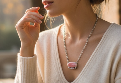 Oval Bar – Queen Pink Shell and Sterling Silver 18” Chain Link Necklace – P Yazzie - Handcrafted Native American