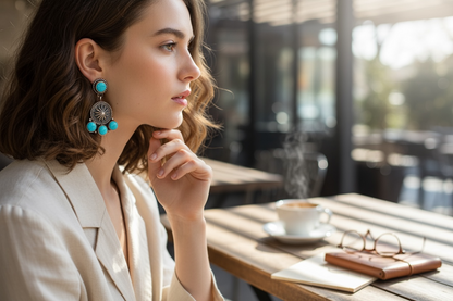 Cluster - Turquoise/Spiny Oyster and Sterling Silver - Drop Earrings - Handcrafted Native American