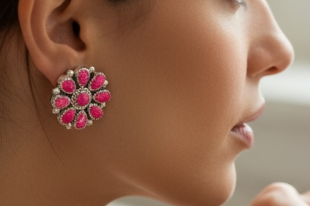 Cluster - Pink Opal and Sterling Silver - Stud Earrings - DLW  - Handcrafted Native American