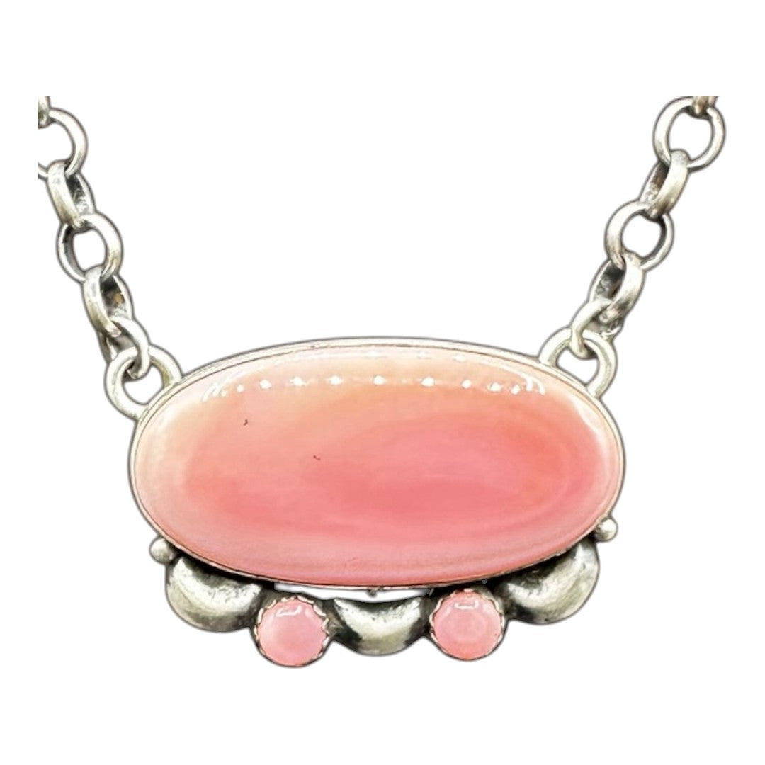 Oval Bar – Queen Pink Shell and Sterling Silver 18” Chain Link Necklace – P Yazzie - Handcrafted Native American
