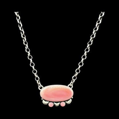 Oval Bar – Queen Pink Shell and Sterling Silver 18” Chain Link Necklace – P Yazzie - Handcrafted Native American