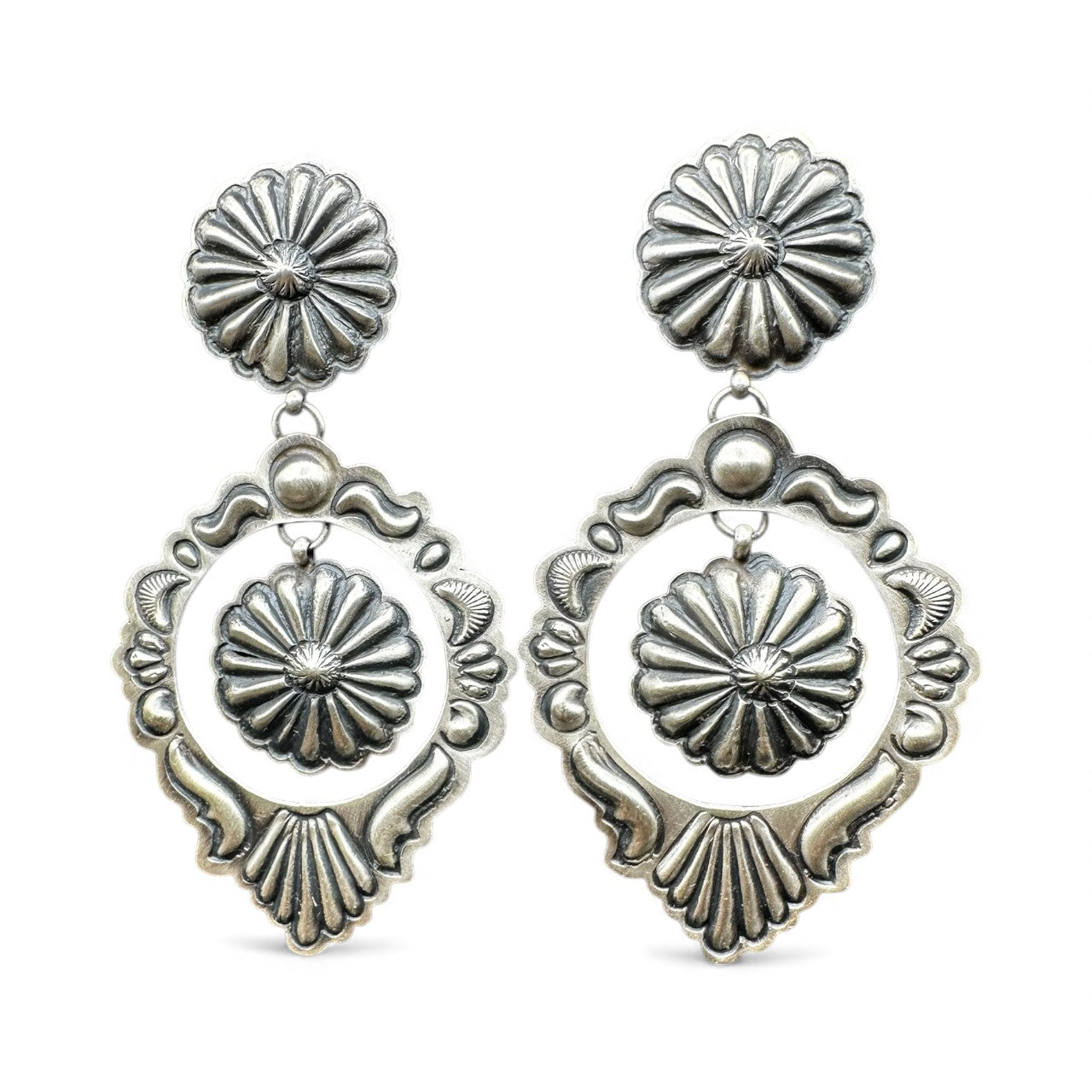 Large Concho Cut Out Earrings – Sterling Silver Hand Stamped - Authentic Native American Handmade – Eugene Charley - Made in USA