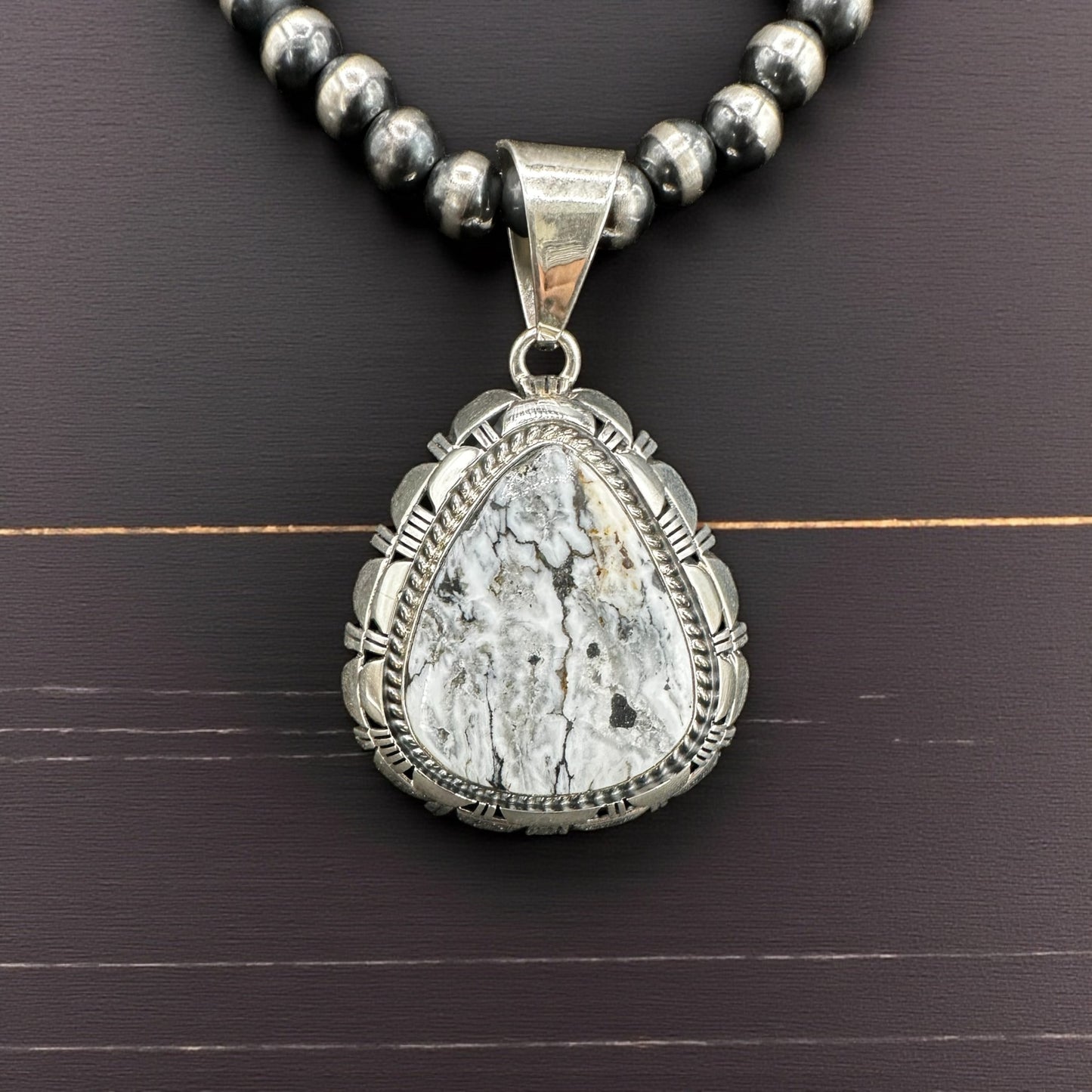 Larry Moss Yazzie - White Buffalo and Sterling Silver - Solitaire Pendant - Handcrafted Native American