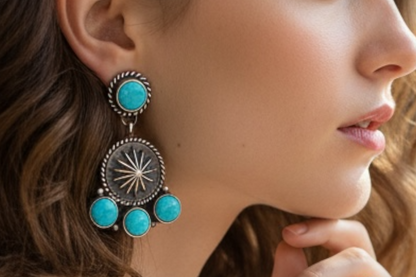 Cluster - Turquoise/Spiny Oyster and Sterling Silver - Drop Earrings - Handcrafted Native American