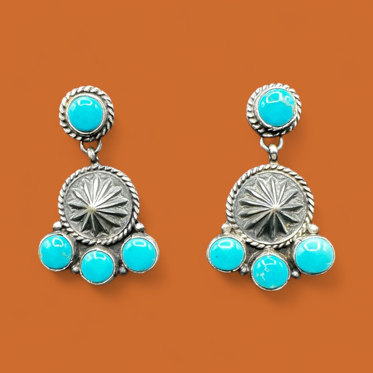 Cluster - Turquoise/Spiny Oyster and Sterling Silver - Drop Earrings - Handcrafted Native American
