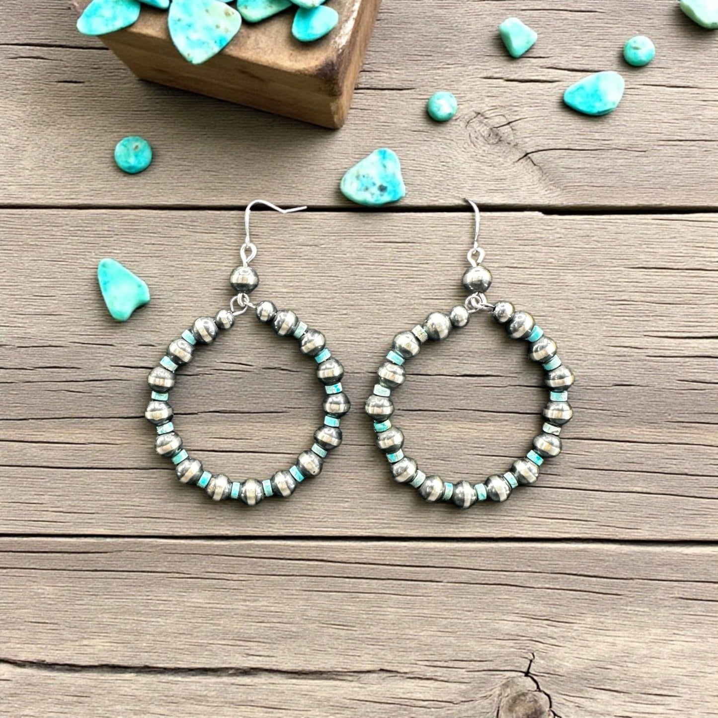 Turquoise and Sterling Silver 7MM Pearl Hoops - Hook Earrings - Handcrafted Native American