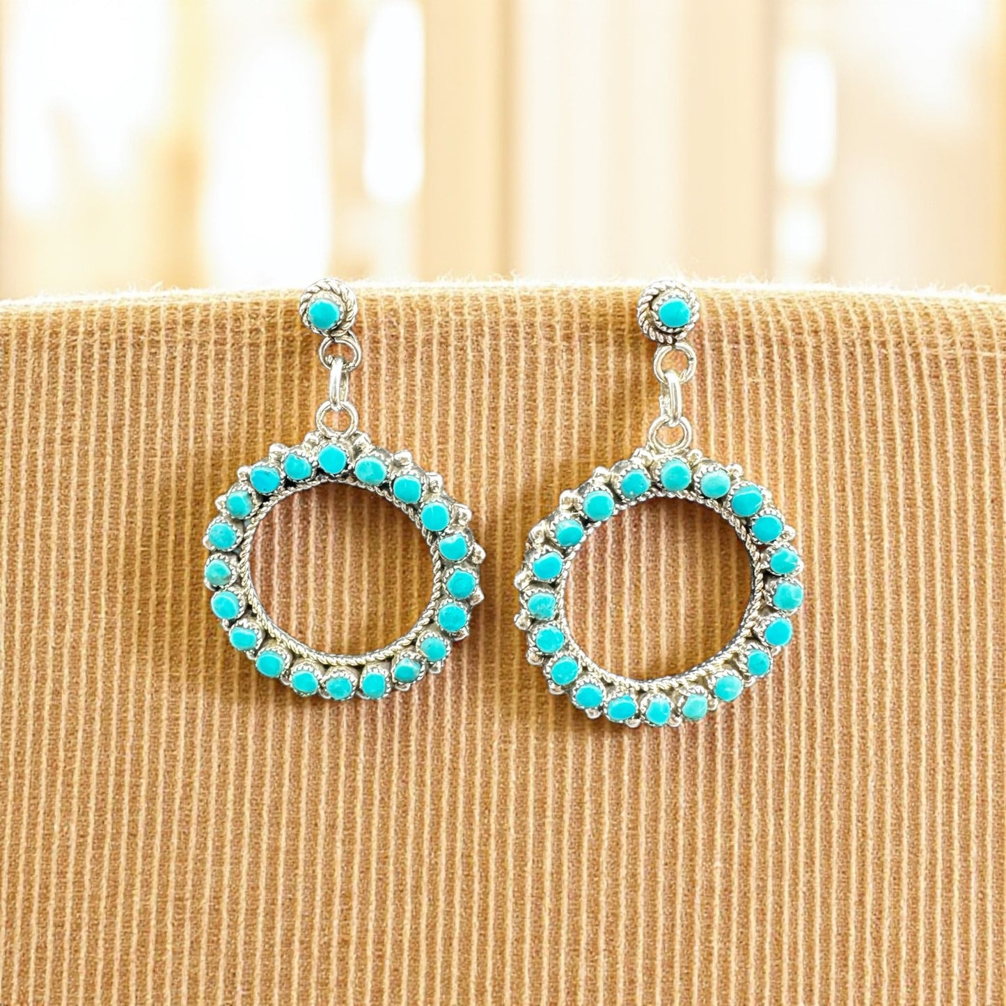Turquoise and Sterling Silver Round Dangle  - Stud Earrings - Handcrafted Native American