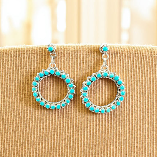 Turquoise and Sterling Silver Round Dangle  - Stud Earrings - Handcrafted Native American