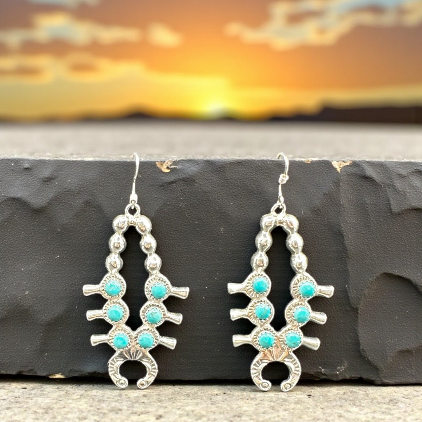 Turquoise and Sterling Silver Squash Blossom  - Hook Earrings - Handcrafted Native American