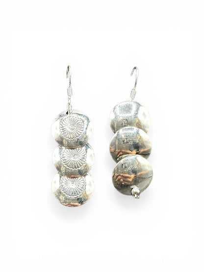 Medium Hook Dangle Earrings – Triple Disc Saucer Pearls -  Authentic Native American Handmade - American Sterling Silver - Made in USA